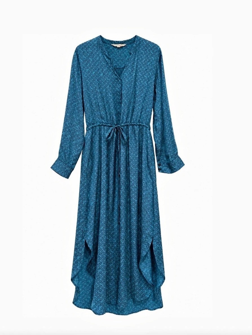 metiseko 100% Natural Silk Button Front Dress in Blue & Black Pattern